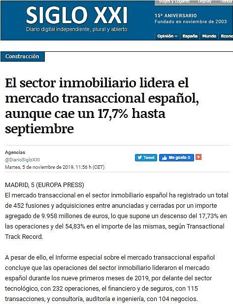 El sector inmobiliario lidera el mercado transaccional espaol, aunque cae un 17,7% hasta septiembre